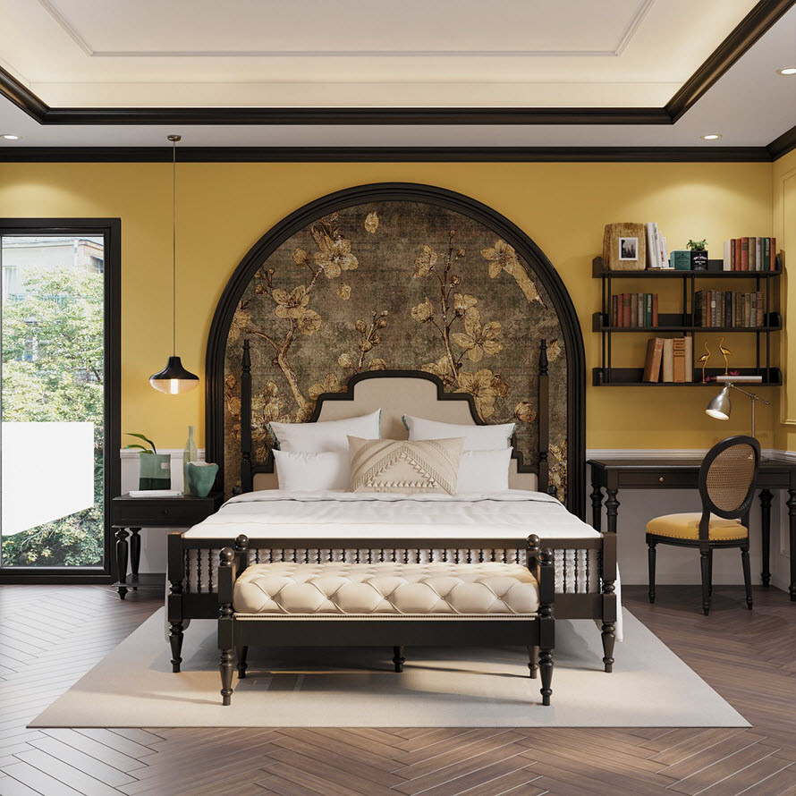 Phong cách nội thất Indochine tiếp tục thể hiện rõ rét trong phòng ngủ thứ tư của biệt thự với điểm nhấn là bức tranh tường đầu giường bắt mắt.