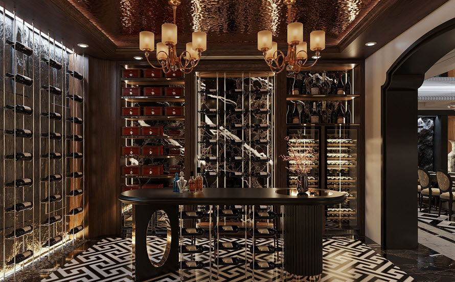 Không gian trưng bày bộ sưu tập rượu vang của gia chủ được thiết kế tỉ mỉ, trau chuốt từng chi tiết nhỏ.