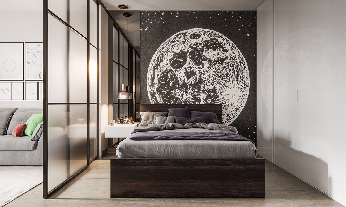 Phòng ngủ phân tách với không gian tiếp khách bởi vách kính trong suốt. Tranh nghệ thuật trừu tượng đầu giường tạo điểm nhấn cực hút mắt.