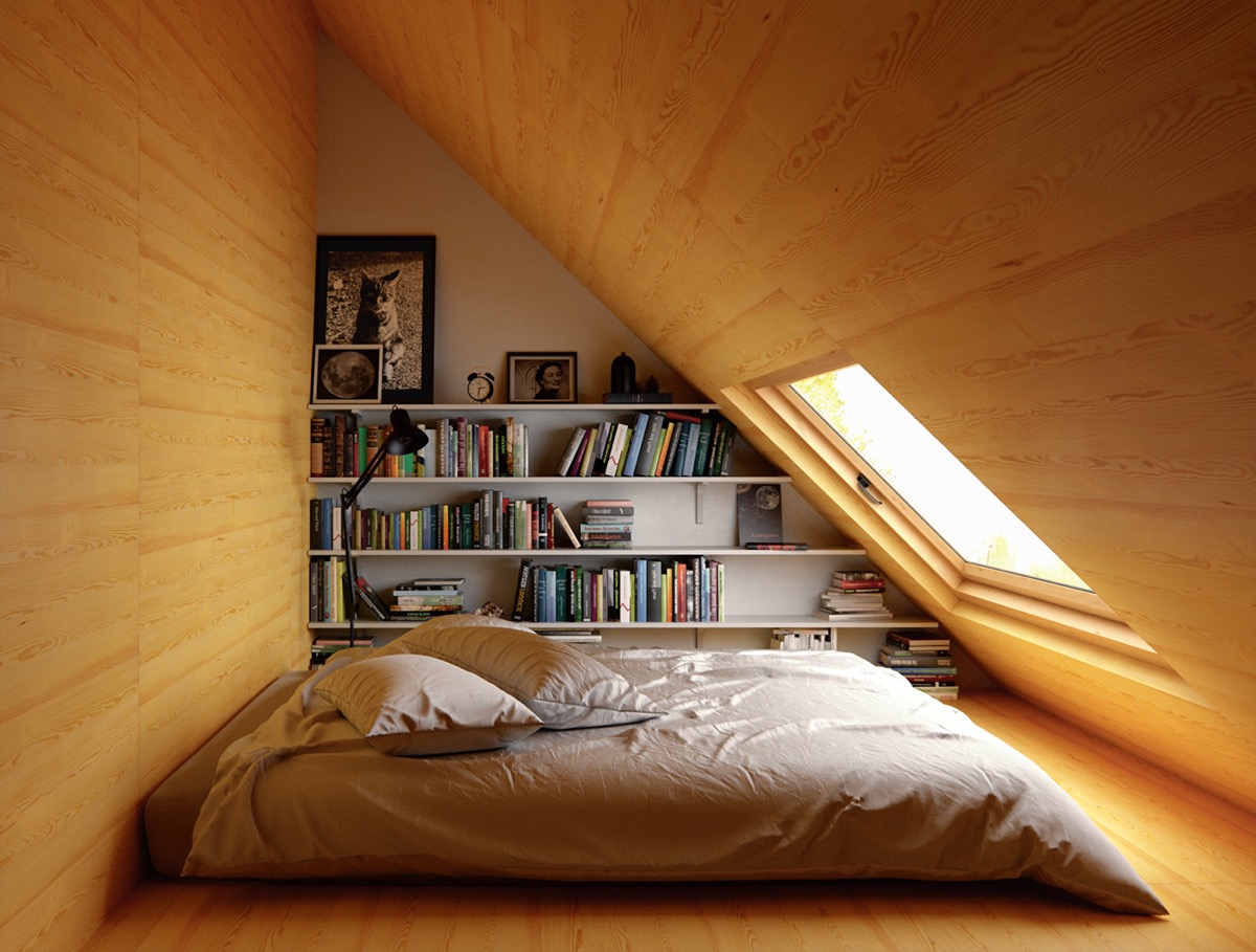 Không gian gác mái nông có thể biến thành một phòng ngủ cho một người yêu sách. Cửa sổ mái mang đến ánh sáng tự nhiên ngập tràn.