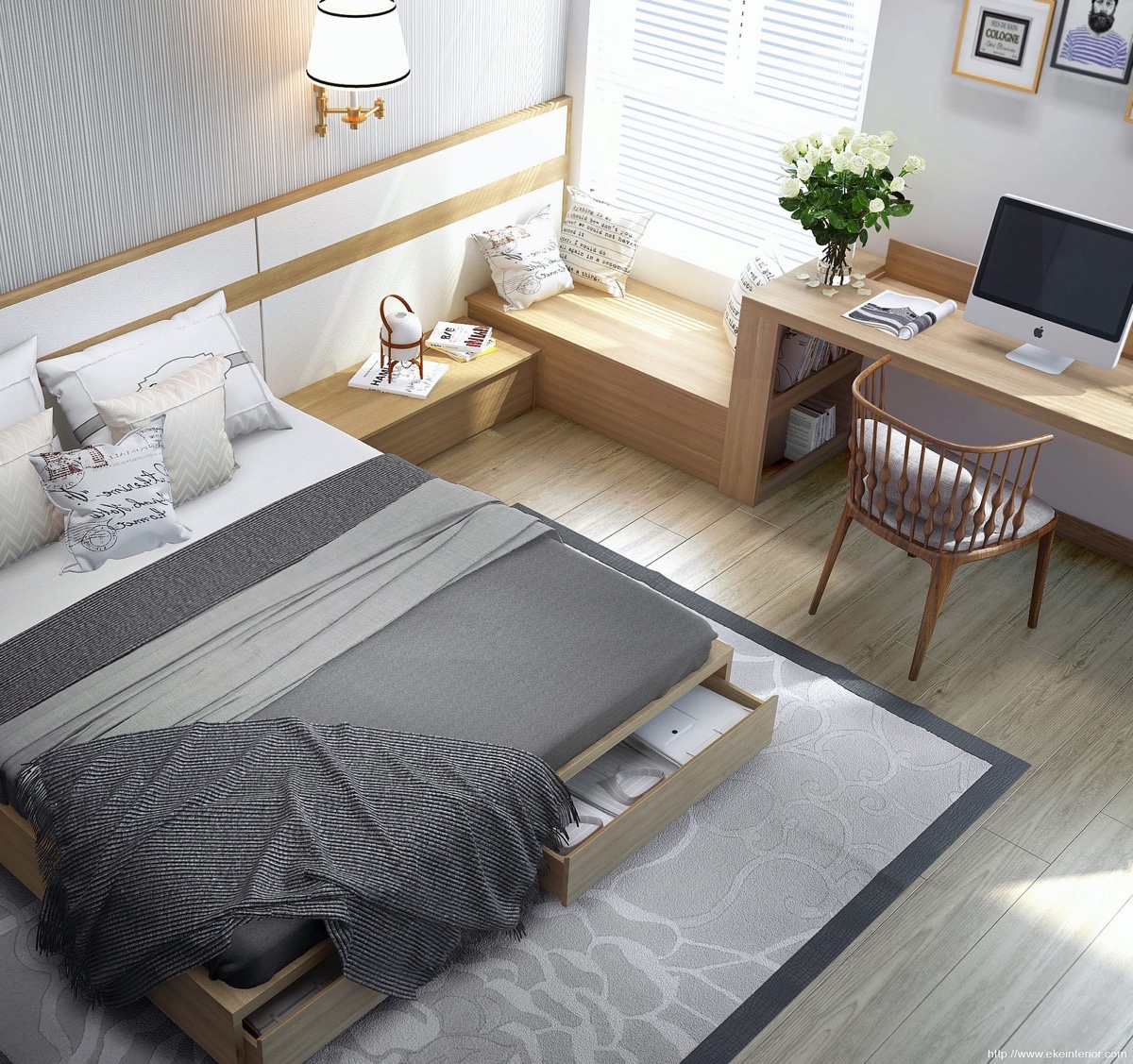 Thiết kế nội thất hiện đại, thông minh mang đến cho phòng ngủ nhỏ sự tiện nghi và tính thẩm mỹ cao. Tiện ích trong phòng không kém gì những phòng ngủ rộng lớn, sang trọng.