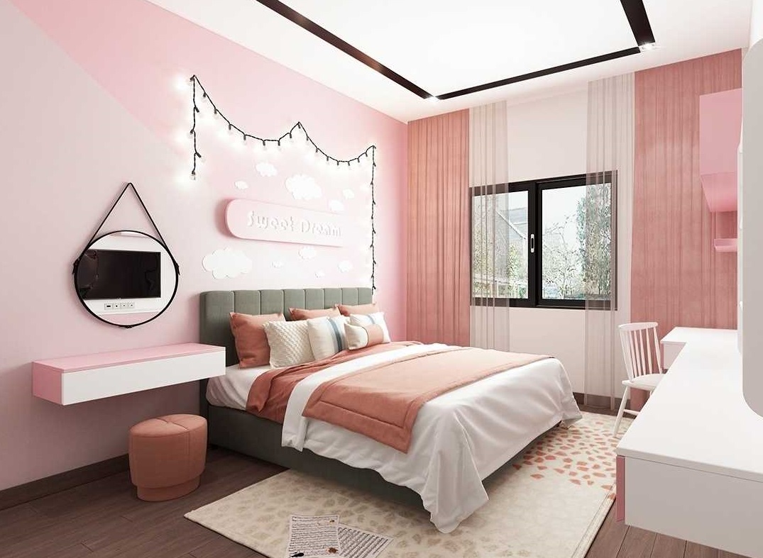 Phòng ngủ xinh yêu với sắc hồng pastel ngọt ngào dành cho hai cô con gái. Căn phòng đủ đầy tiện ích thiết yếu cho trẻ sinh hoạt, ngủ nghỉ và học tập.