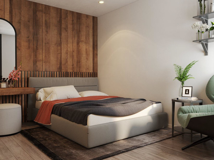 Giường, thảm, ga gối chung tông màu xám - trắng trung tính chủ đạo hài hòa với thiết kế nội thất tổng thể, kiến tạo không gian ngủ nghỉ thoải mái.