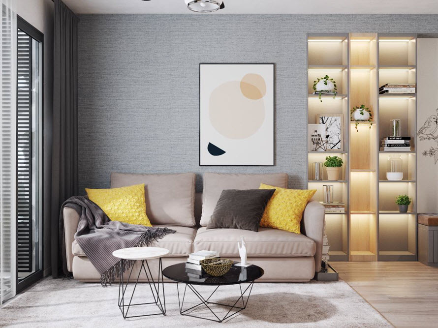 Phòng khách căn hộ thiết kế theo phong cách tối giản hiện đại