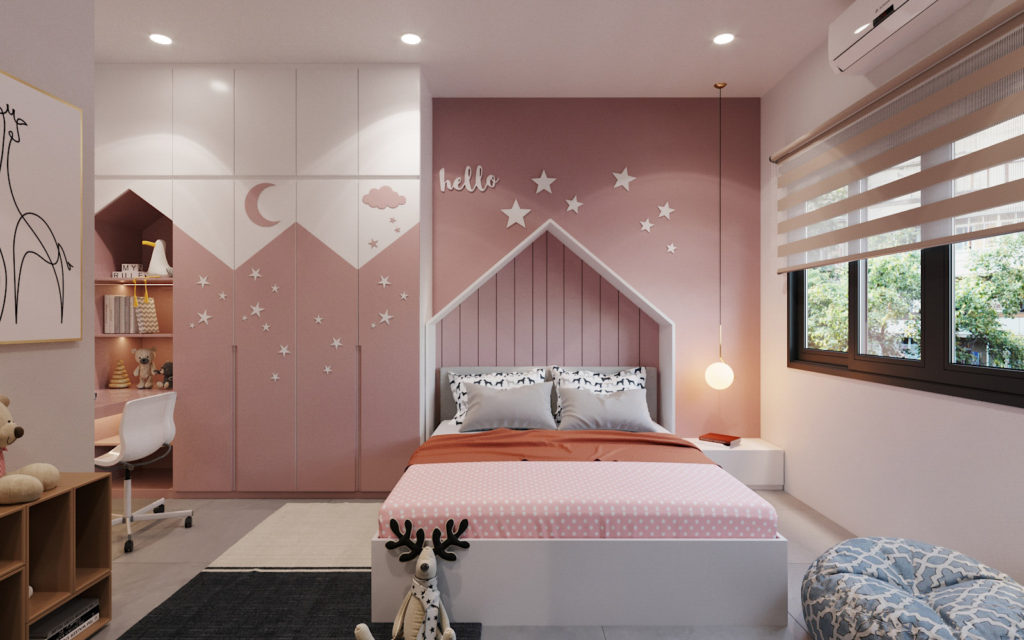 Nội thất màu hồng pastel xinh tươi là lựa chọn phổ biến dành cho phòng ngủ con gái. Nội thất liền tường tối ưu hóa diện tích sử dụng.