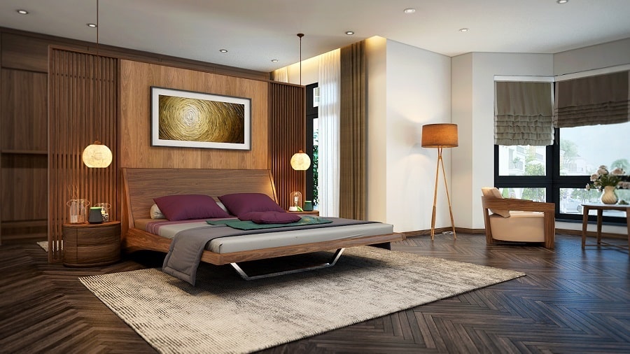 Mẫu phòng ngủ master rộng rãi, sử dụng nội thất gỗ chủ đạo tạo cảm giác thư giãn. Căn phòng đủ rộng để bài trí thêm một bộ bàn ghế.