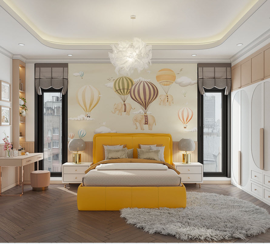 Ở phòng ngủ này, thiết kế nội thất cơ bản vẫn là Indochine, tuy nhiên bảng màu sử dụng trẻ trung, hiện đại hơn.