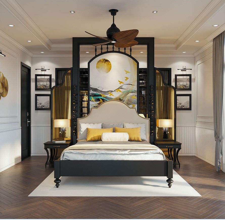 Nội thất phòng ngủ master thể hiện rõ những đặc trưng của phong cách Indochine sang trọng, tinh tế và rất đỗi gần gũi.