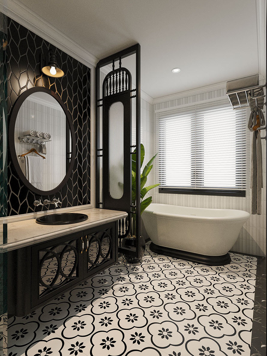Một phòng tắm khác trong biệt thự với thiết kế nội thất phong cách Indochine đẹp mê mẩn, khiến người ngắm khó rời mắt.