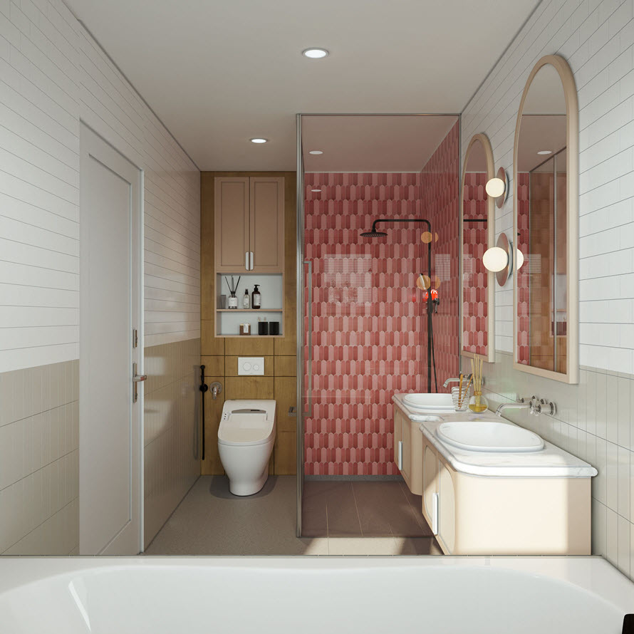 Phòng tắm - vệ sinh với bồn rửa đôi thuận tiện trong sinh hoạt hàng ngày. Buồng tắm được định vị bởi tông màu ấm áp.