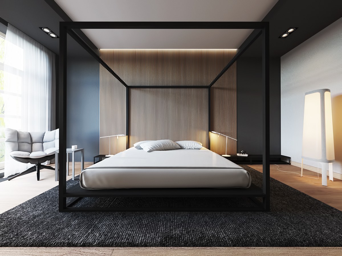 Tường đầu giường tông màu gỗ ấm áp, tương phản với thảm trải và khung giường màu đen huyền bí. Bảng màu đen - trắng trong phòng ngủ được phối kết vô cùng ăn ý.