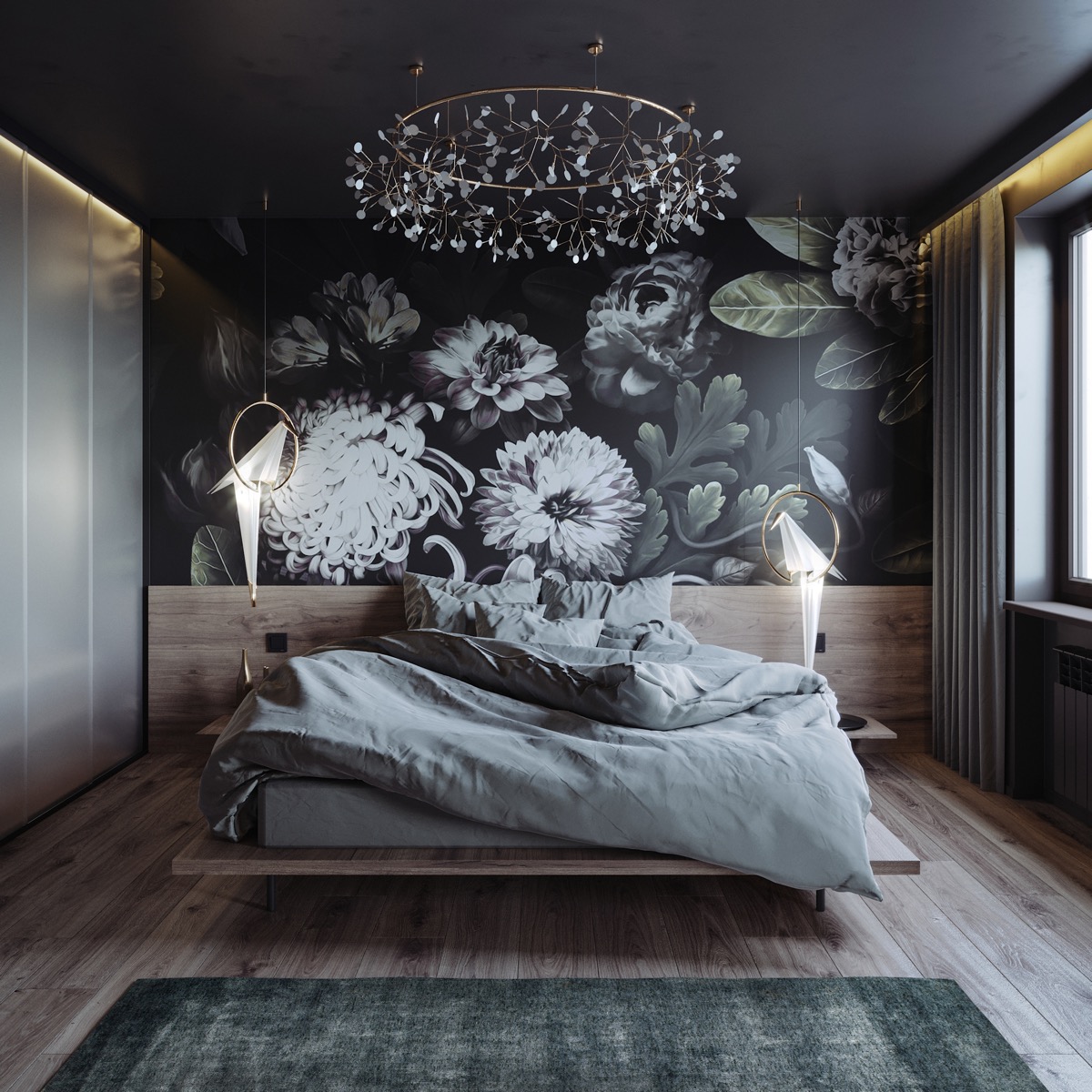 Tường hoa nghệ thuật cùng với hai đèn mặt dây chuyền theo chủ đề chim duyên dáng khiến phòng ngủ trở nên đặc biệt hơn.