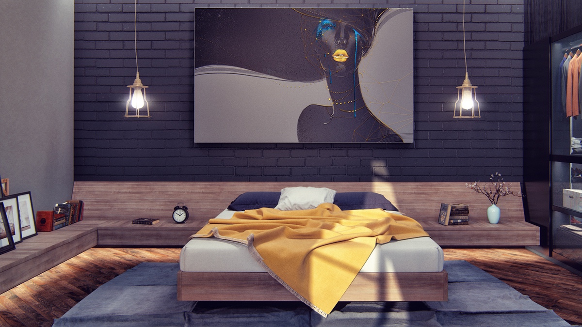 Màu xanh than đậm làm nền cho chất liệu gỗ và điểm nhấn màu vàng nắng thêm phần hút mắt hơn. Phòng ngủ vì thế trở nên khác biệt.
