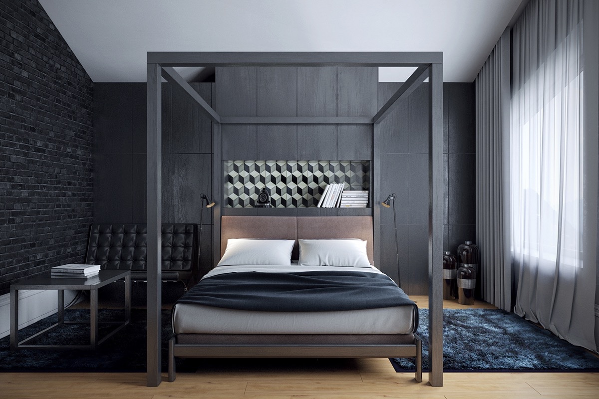 Kệ đầu giường lõm với họa tiết hình học, tông màu tương phản với màu đen chủ đạo của căn phòng mang đến cái nhìn cực hút mắt.