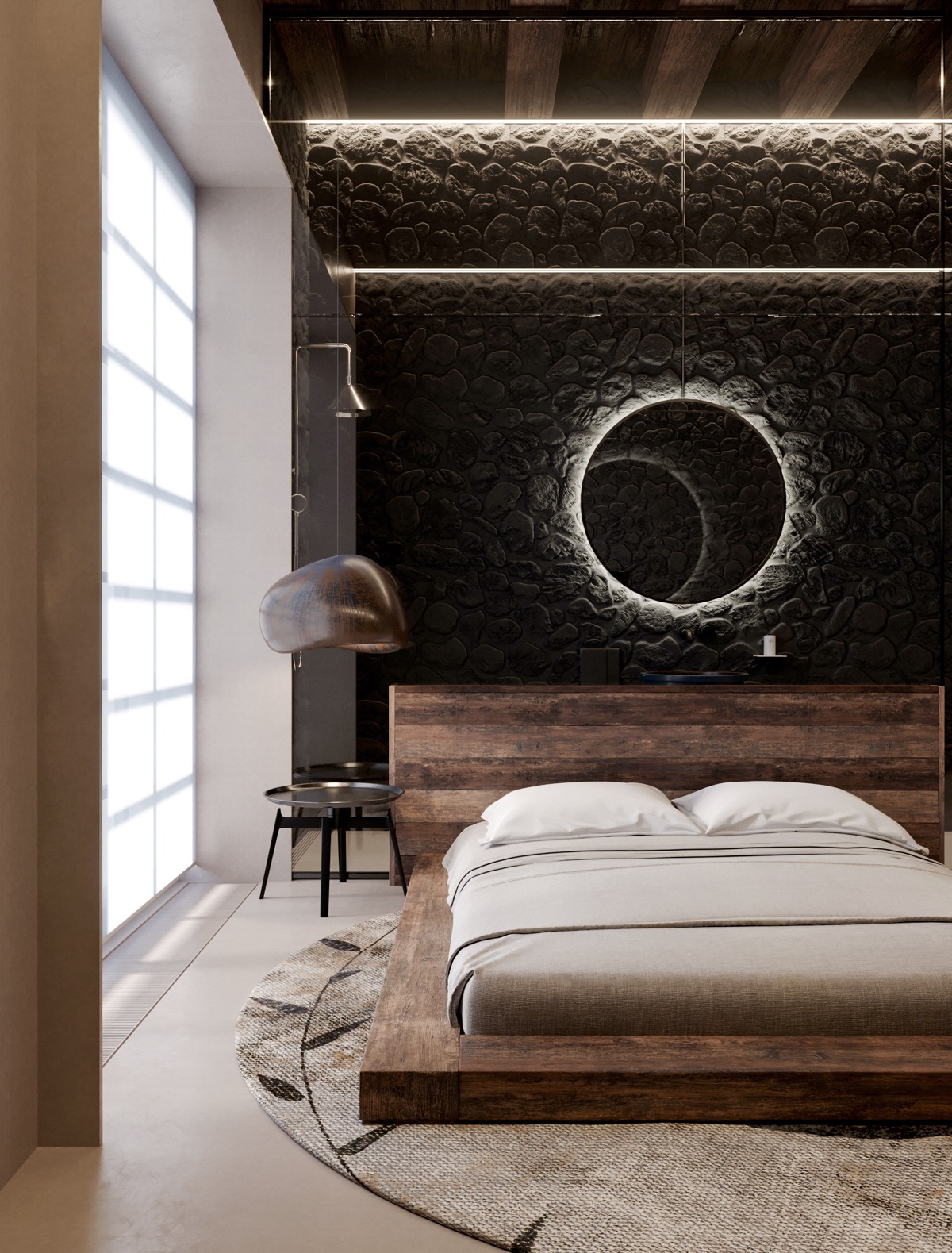 Một chiếc gương tròn gắn đèn LED tạo ra một quầng sáng trên tường màu đen. Phòng ngủ vì thế trở nên sinh động, có sức sống hơn.