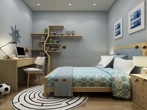 Phòng ngủ kết hợp góc học tập tiện nghi dành cho cậu con trai lớn.Tường sơn màu xám xanh trẻ trung, sang trọng.
