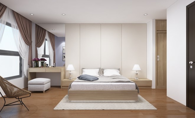 Mẫu phòng ngủ master rộng thoáng, bài trí theo phong cách hiện đại tối giản với giường đặt ở trung tâm căn phòng - khác lạ so với thiết kế truyền thống.