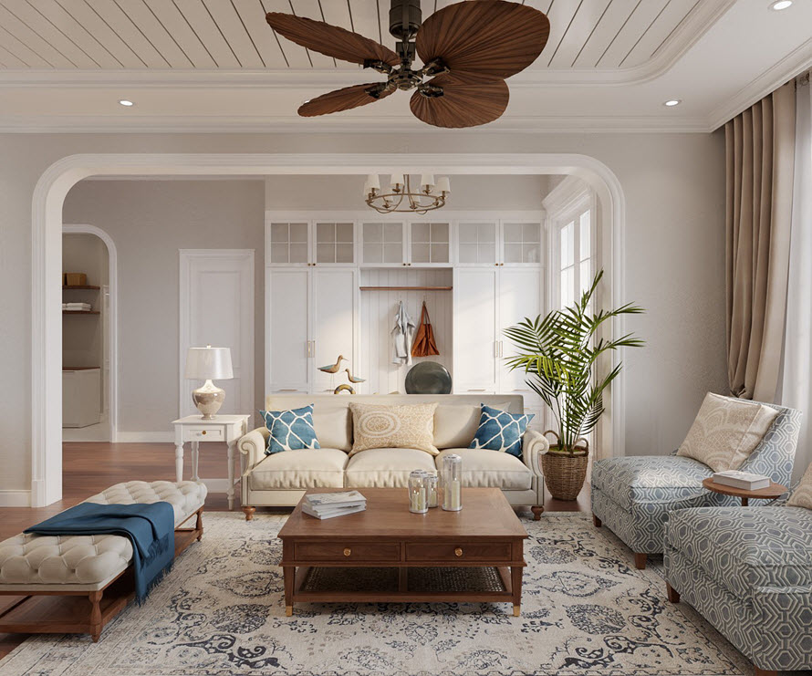 Phong cách nội thất Farmhouse trong căn nhà phố 120m2 nổi bật với gam màu trắng, xám, be tạo cảm giác mát mẻ, thư thái, nhẹ nhàng.