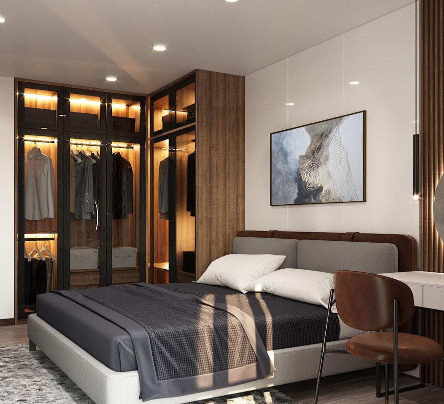 Hệ tủ quần áo phong cách mở tích hợp đèn LED sang trọng là điểm nhấn ấn tượng trong phòng ngủ master này.