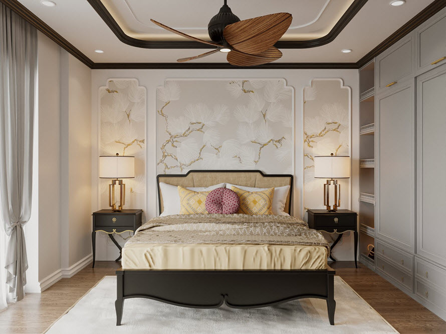Phòng ngủ master mang đậm dấu ấn Á Đông với đường nét nội thất Indochine tinh tế và lối bài trí đối xứng hài hòa.