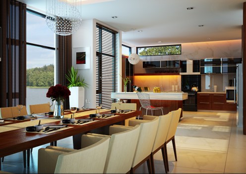Không gian bếp và phòng ăn kết hợp rộng thoáng, ấm cúng và đủ đầy tiện ích hiện đại. Cửa kính cao rộng, trong suốt mang lại tầm nhìn đẹp.