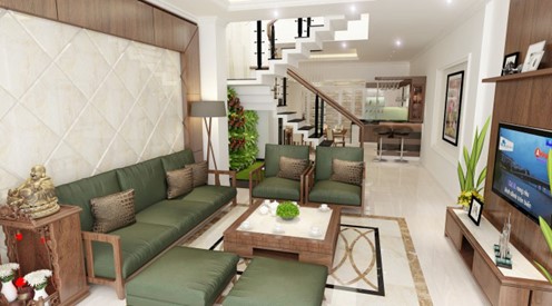 Phòng khách nhà ống bài trí theo phong cách truyền thống kết hợp hiện đại. Điểm nhấn là bộ ghế sofa màu xanh lá cung cấp chỗ ngồi thoải mái.