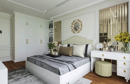 Để tạo cảm giác rộng rãi hơn cho không gian phòng ngủ master, bạn có thể sử dụng bảng màu trắng sang trọng cho tường, trần và đồ nội thất chính.