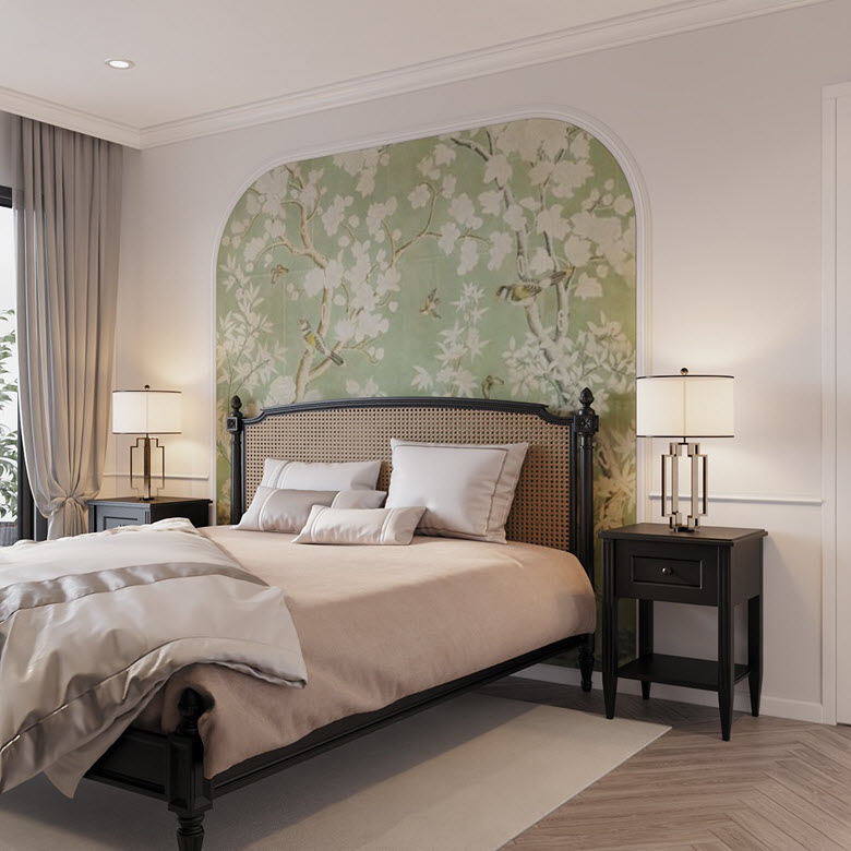 Bức tranh tường màu xanh bạc hà họa tiết mùa xuân đầu giường là điểm nhấn ấn tượng cho không gian phòng ngủ master. Căn phòng vì thế trở nên hấp dẫn hơn rất nhiều.