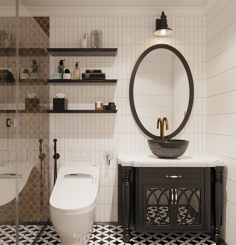 Phòng tắm - vệ sinh sử dụng các thiết bị hiện đại với đường nét thiết kế đậm dấu ấn Đông Dương truyền thống.