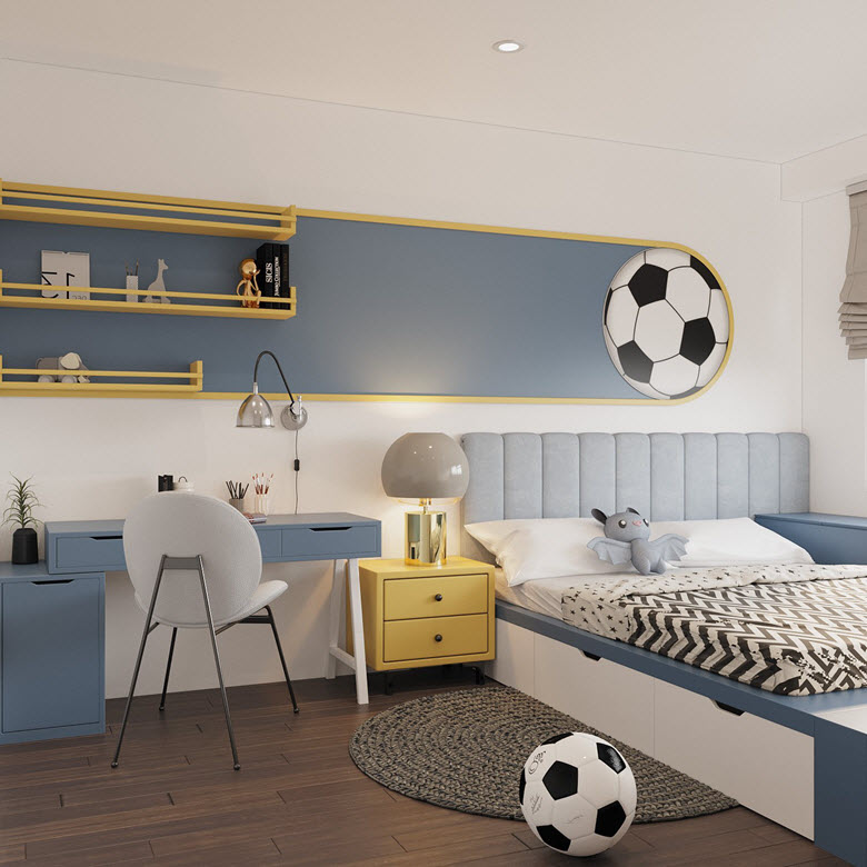 Với phòng ngủ của trẻ, kiến trúc sư sử dung bảng màu xanh dương trẻ trung năng động hơn các phòng ngủ còn lại. Sắc vàng chanh là điểm nhấn tinh tế.