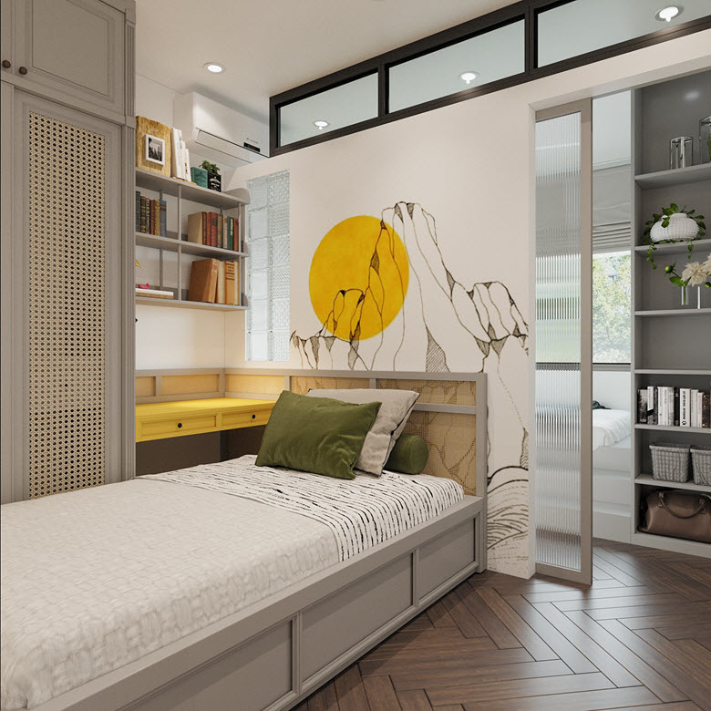 Phòng ngủ thứ hai trong nhà phố 5 tầng được thiết kế với bảng màu trẻ trung, năng động. Sắc vàng chanh tạo điểm nhấn cực kỳ bắt mắt.