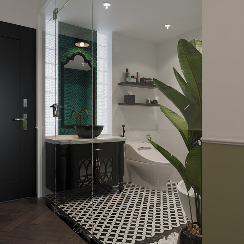 Hệ cửa kính cường lực trong suốt cho phép ánh sáng tự nhiên vào tận phòng tắm và tạo độ thông thoáng cho không gian phòng ngủ.
