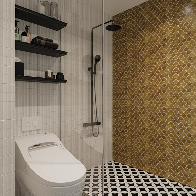 Phòng tắm với gạch ốp tường vảy cá màu vàng đồng