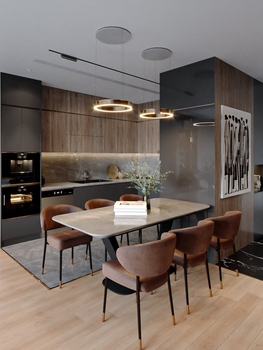 Bộ ghế ăn tông màu ấm áp, là điểm nhấn màu sắc sinh động cho không gian bếp. Đèn thả, tranh tường được lựa chọn tinh tế.