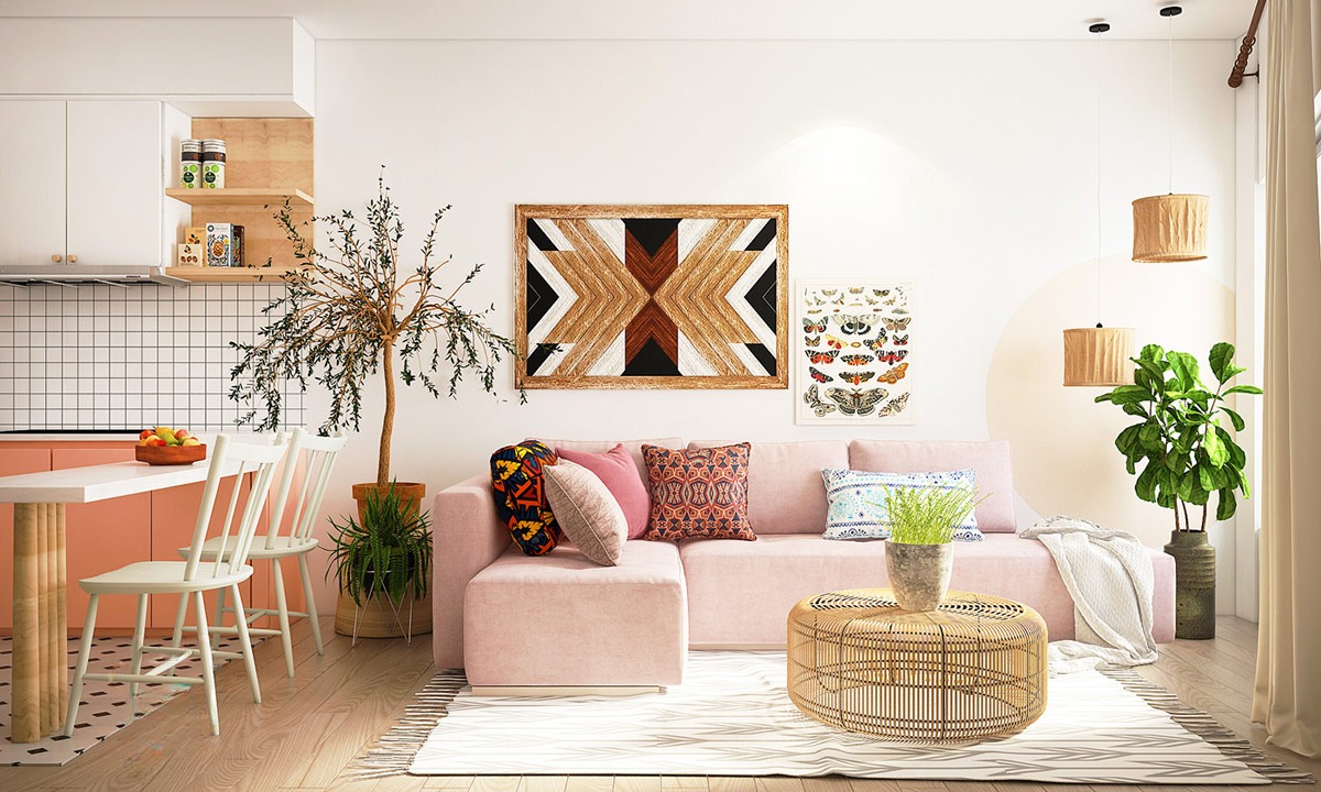 Bàn cà phê sành điệu và ghế sofa màu hồng pastel mang lại cái nhìn mới lại cho phòng khách phong cách Boho hiện đại.