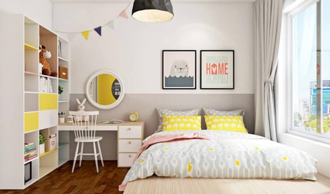 Mẫu thiết kế phòng ngủ cho con gái với những điểm nhấn màu vàng chanh tươi vui trên ga gối, tủ lệ lưu trữ.