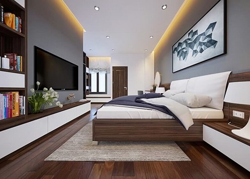 Không gian phòng ngủ master rộng rãi, sử dụng nội thất gỗ sẫm màu tạo cảm giác thư giãn, ấm áp. Căn phòng tích hợp đầy đủ các tiện ích giải trí, thư giãn.