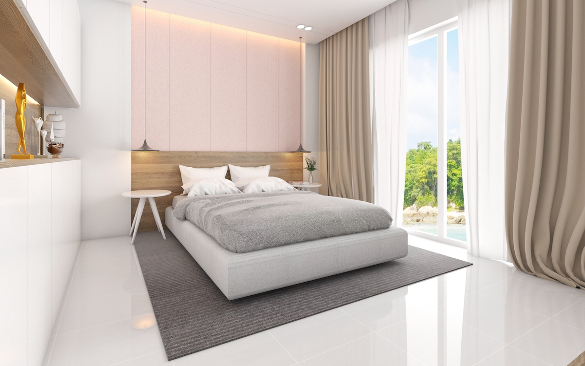 Trong phòng ngủ tối giản này, tường đầu giường trở thành điểm nhấn xinh yêu, mang lại cái nhìn trẻ trung, tươi mới.