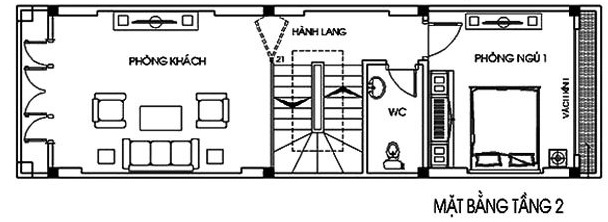 Mặt bằng tầng 2 nhà ống 4 tầng phong cách tân cổ điển