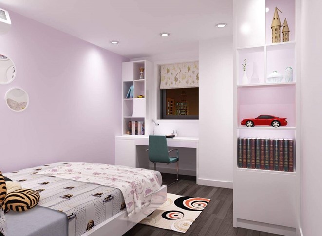 Phòng ngủ kết hợp góc học tập gọn đẹp dành cho con trai. Nội thất liền tường giúp tối ưu hóa diện tích sử dụng.