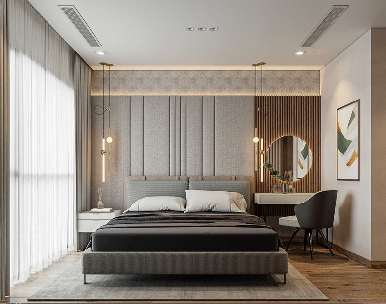 Nội thất phòng ngủ master gây ấn tượng ngay từ cái nhìn đầu tiên với thiết kế chỉn chu, hài hòa cả về công năng và thẩm mỹ.