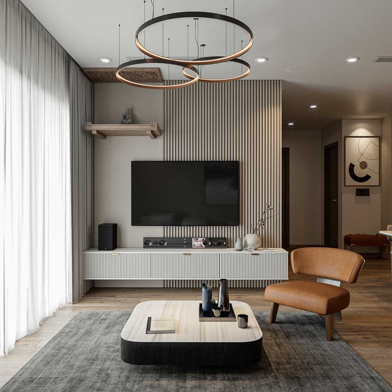 Nội thất phòng khách kiểu dáng sang trọng hiện đại với các cạnh được bo tròn mềm mại tạo cảm giác nhẹ nhàng, thư giãn.