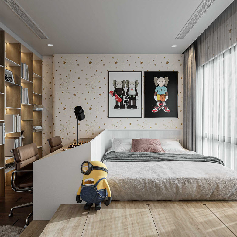 Kiến trúc sư thiết kế sàn giật cấp, nâng khu vực ngủ nghỉ lên cao để phân tách với không gian học tập của trẻ.