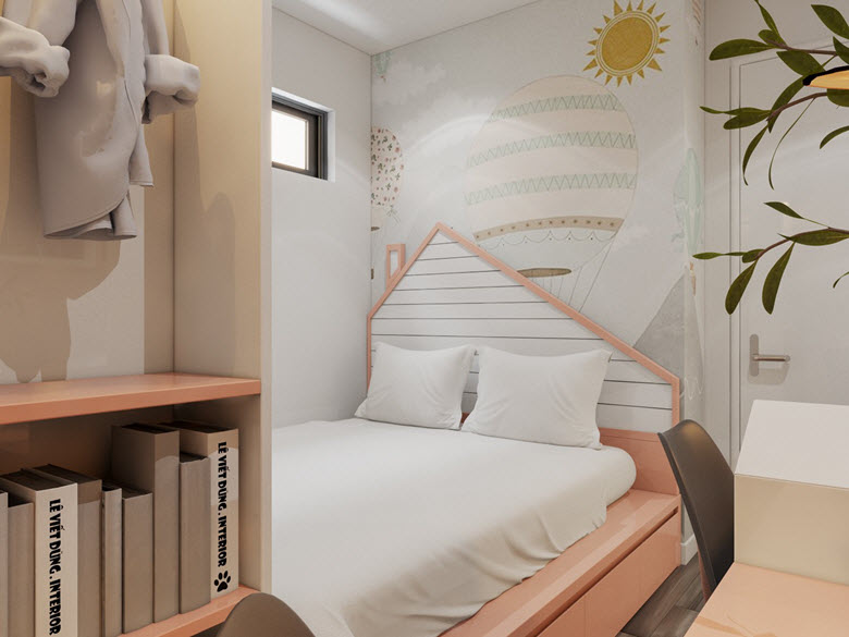 Nội thất phòng ngủ trẻ em là một trong những điểm nhấn hút mắt trong căn hộ 80m2 này. Thiết kế tuy đơn giản nhưng vẫn có chất riêng biệt.