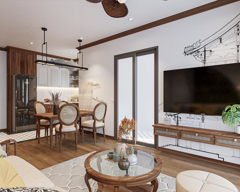 Đồ nội thất chính trong căn hộ Indochine chủ yếu được làm bằng gỗ tự nhiên và gồ MDF với kiểu dáng cách tân nhẹ nhàng, phần chân khá cao tạo độ thông thoáng cho không gian.