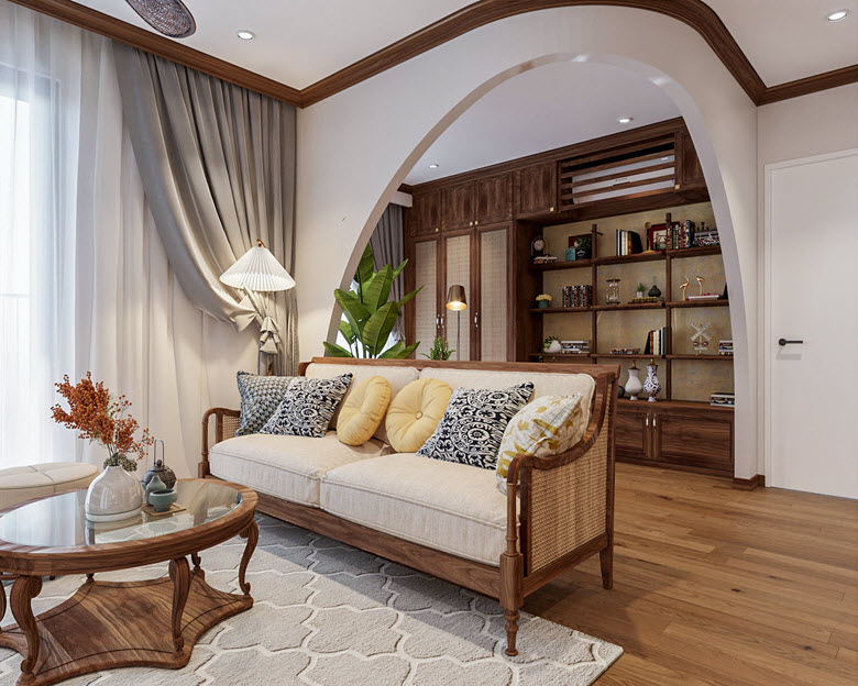 Phòng khách với sofa gỗ lót đệm, gối tựa màu vàng tạo điểm nhấn
