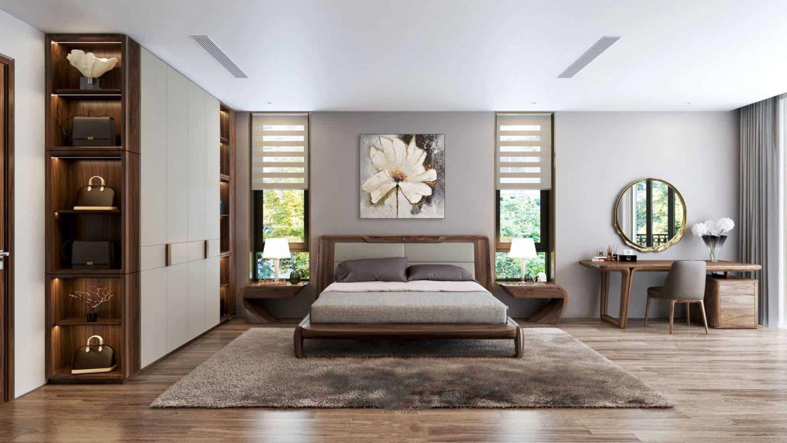 Phòng ngủ master dành cho mẫu biệt thự nhà vườn 1 tầng với diện tích rộng rãi, bài trí nội thất sang trọng, phối kết màu sắc hài hòa.