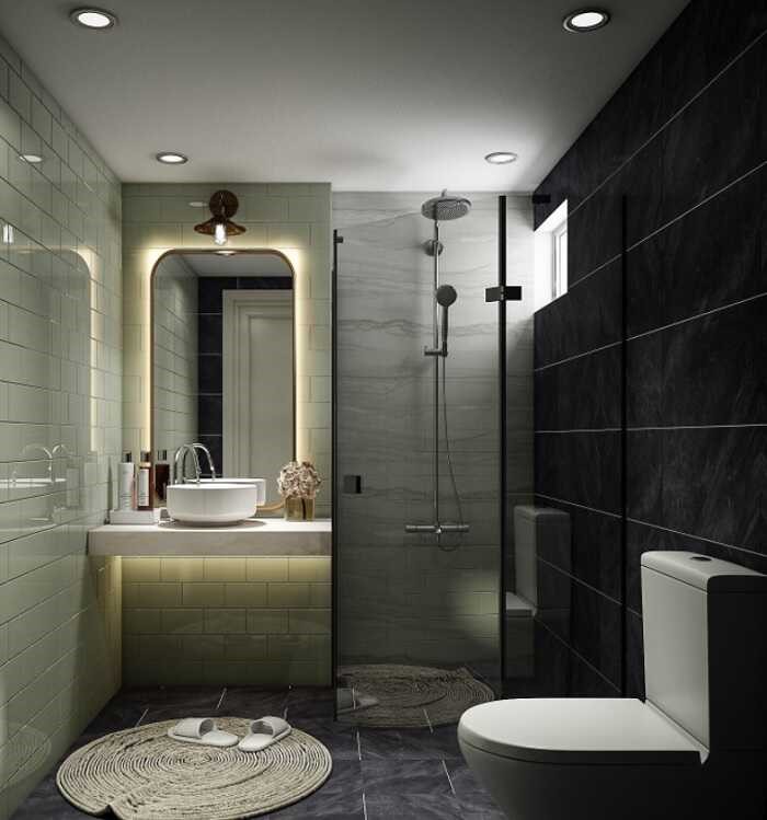 Một trong những mẫu phòng tắm - vệ sinh phong cách tối giản hiện đại được ưa chuộng hiện nay, bạn có thể tham khảo cho nhà phố 3 tầng.