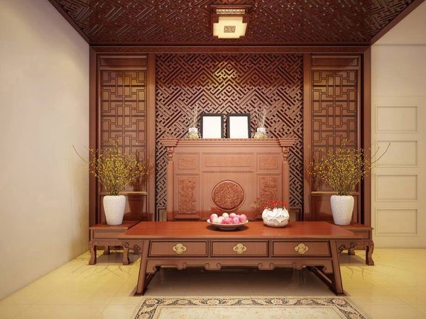 Mẫu phòng thờ truyền thống với nội thất gỗ chạm khắc tinh tế, trang trọng.