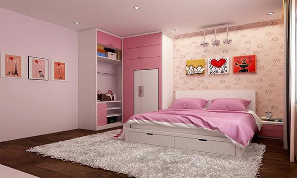 phòng ngủ con gái với sắc hồng nhẹ nhàng, xinh yêu